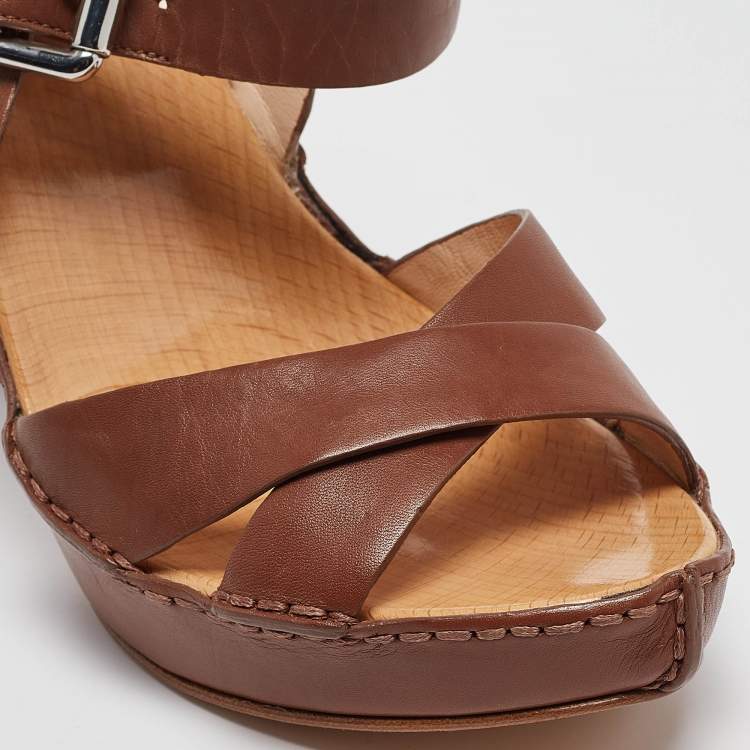 Pre Owned Celine Brown Leather Platform Ankle Strap Sandals Size 38