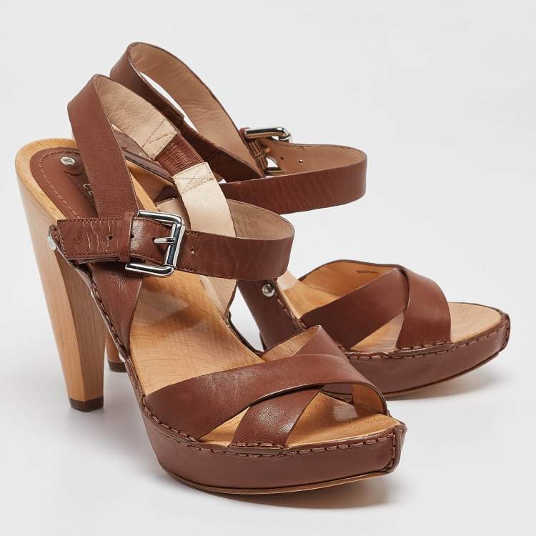 Pre Owned Celine Brown Leather Platform Ankle Strap Sandals Size 38