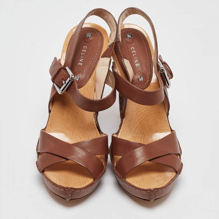 Pre Owned Celine Brown Leather Platform Ankle Strap Sandals Size 38