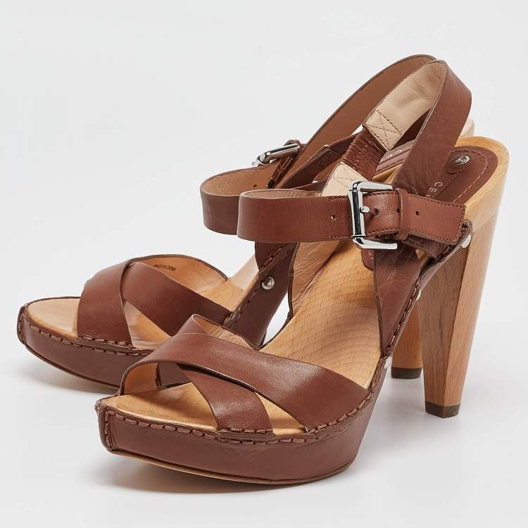 Pre Owned Celine Brown Leather Platform Ankle Strap Sandals Size 38