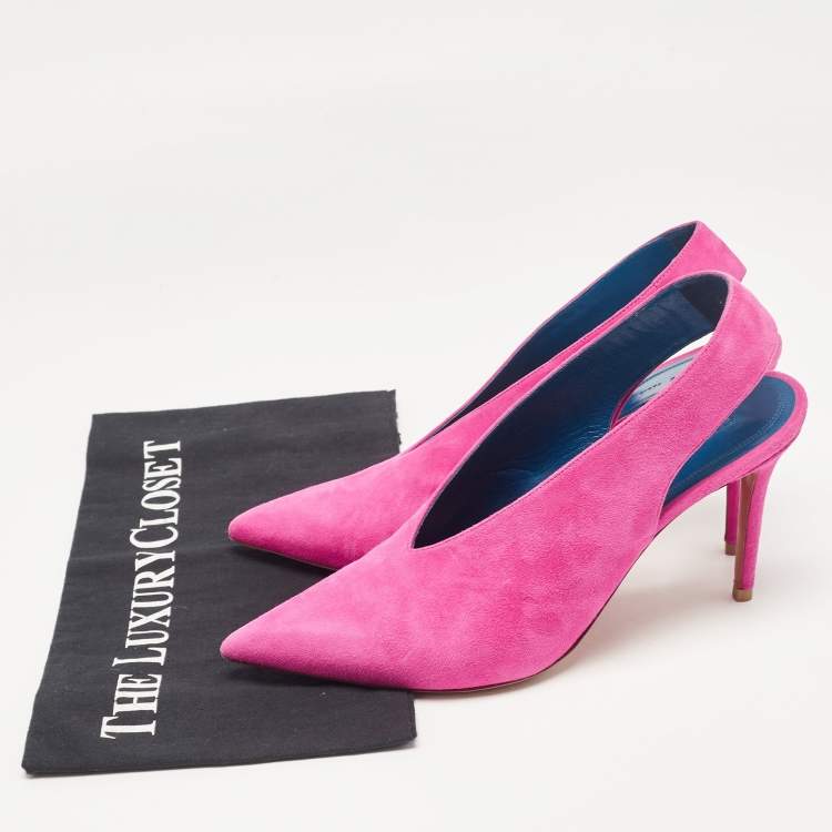 Pre Owned Celine Pink Suede V Neck Slingback Pumps Size 38