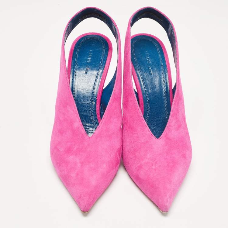 Pre Owned Celine Pink Suede V Neck Slingback Pumps Size 38