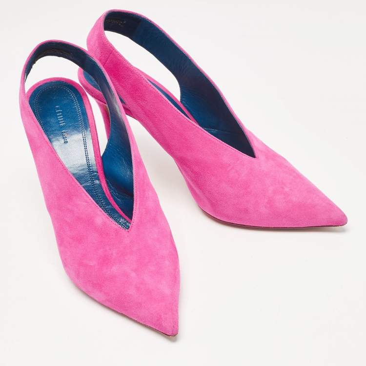 Pre Owned Celine Pink Suede V Neck Slingback Pumps Size 38