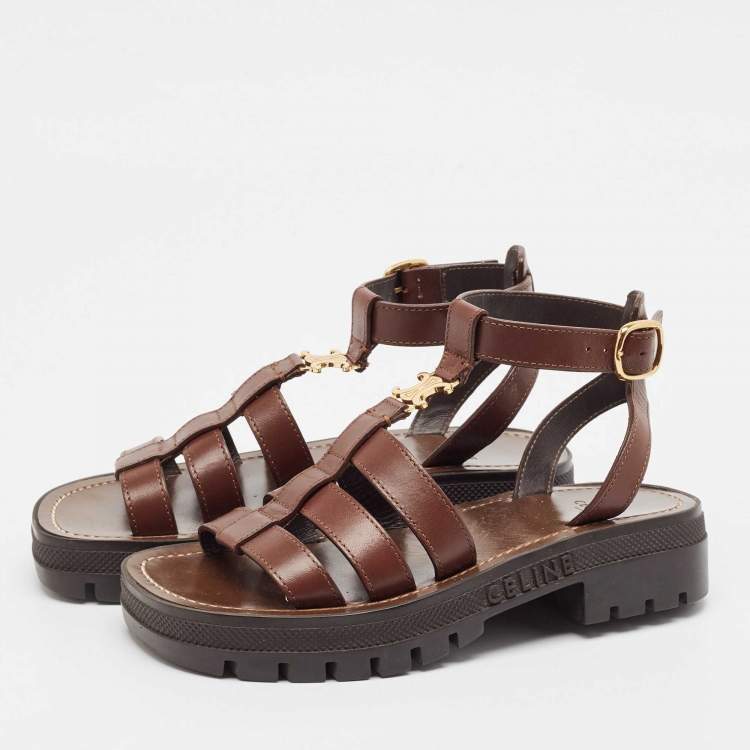 Pre Owned Celine Brown Leather Clea Triomphe Sandals Size 34