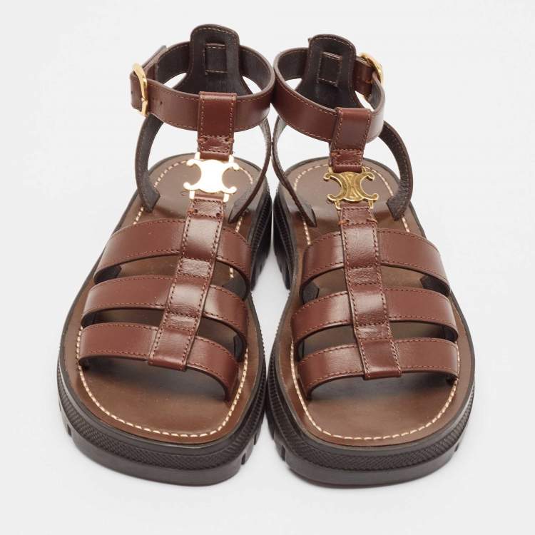 Pre Owned Celine Brown Leather Clea Triomphe Sandals Size 34