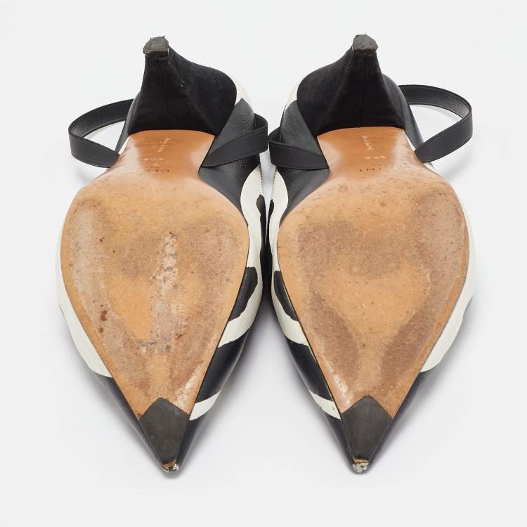 Pre Owned Celine Black/White Leather Pointed Toe Slingback Pumps Size 37.5