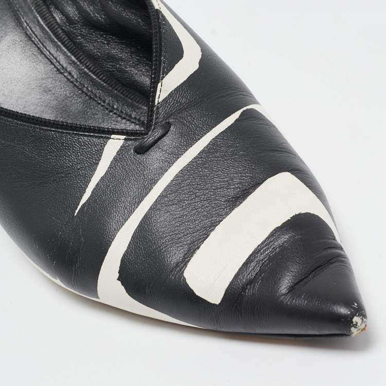 Pre Owned Celine Black/White Leather Pointed Toe Slingback Pumps Size 37.5