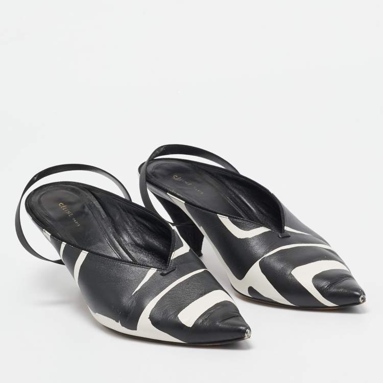 Pre Owned Celine Black/White Leather Pointed Toe Slingback Pumps Size 37.5