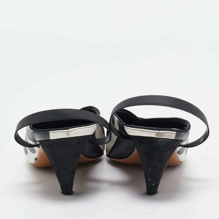 Pre Owned Celine Black/White Leather Pointed Toe Slingback Pumps Size 37.5