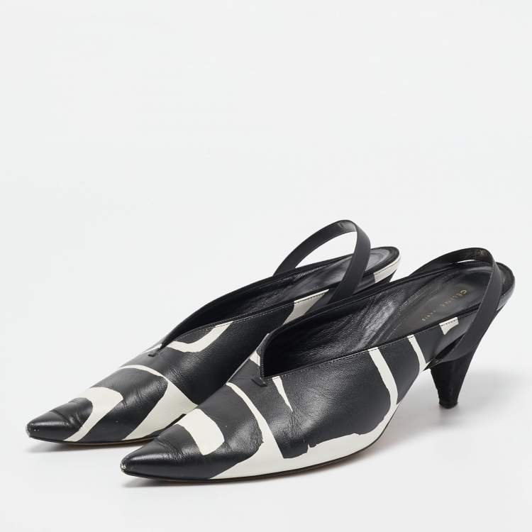 Pre Owned Celine Black/White Leather Pointed Toe Slingback Pumps Size 37.5
