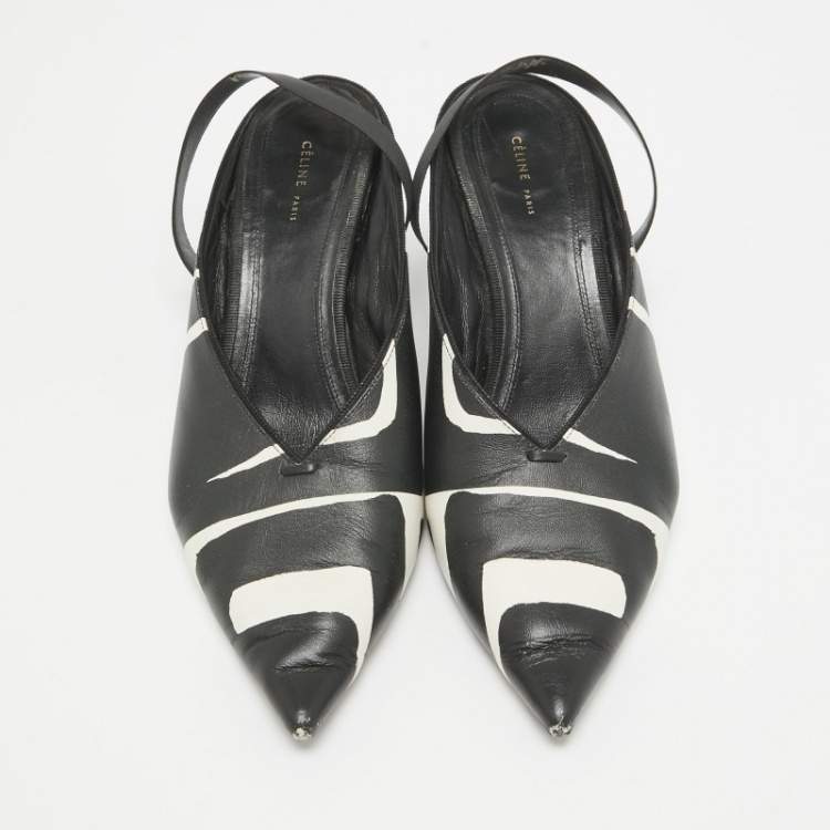 Pre Owned Celine Black/White Leather Pointed Toe Slingback Pumps Size 37.5