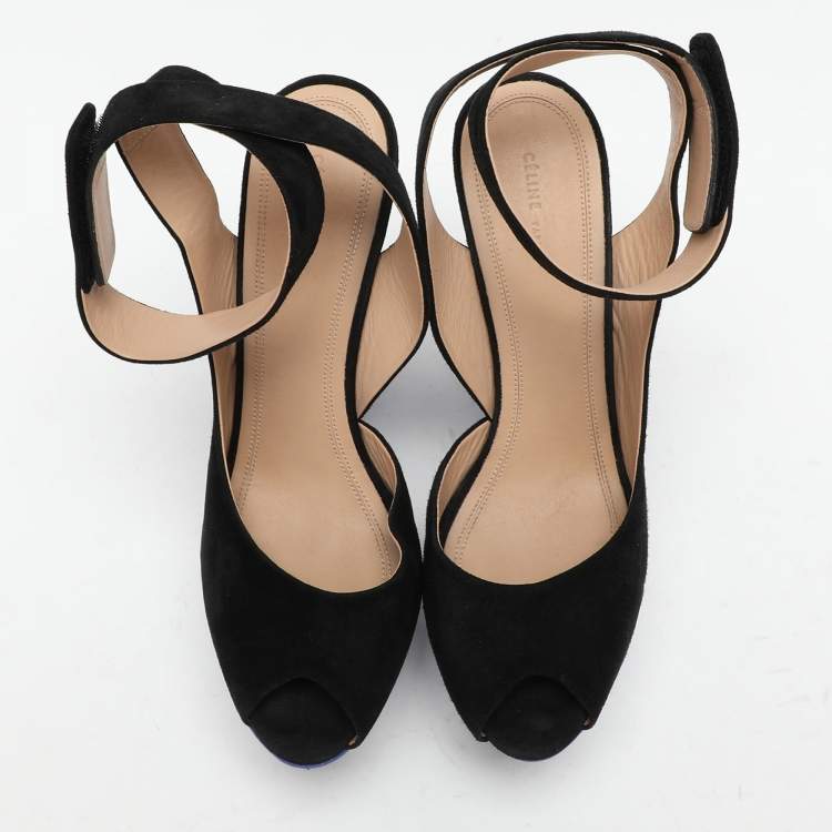 Pre Owned Celine Black Suede Platform Ankle Strap Sandals Size 39.5