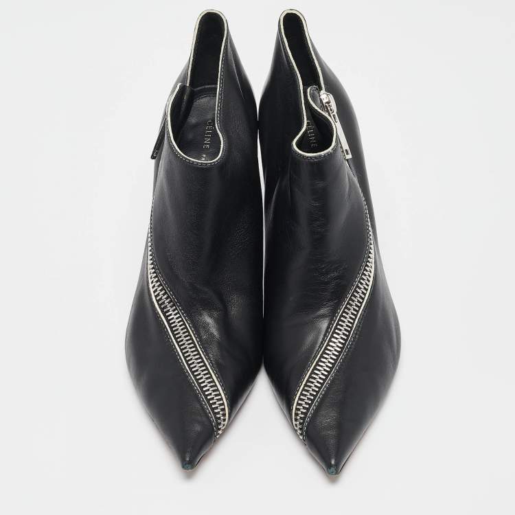 Pre Owned Celine Black Leather V Neck Booties Size 39