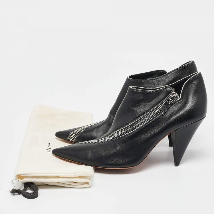 Pre Owned Celine Black Leather V Neck Booties Size 39