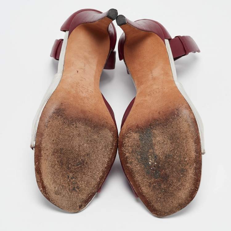 Pre Owned Celine Burgundy/Silver Leather Ankle Strap Sandals Size 38