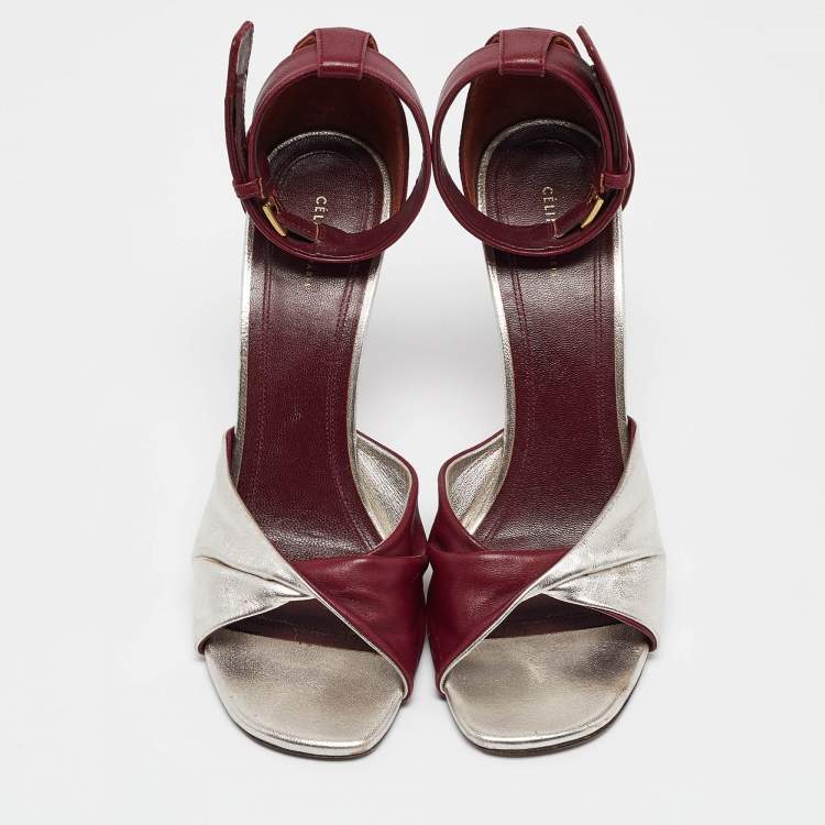 Pre Owned Celine Burgundy/Silver Leather Ankle Strap Sandals Size 38