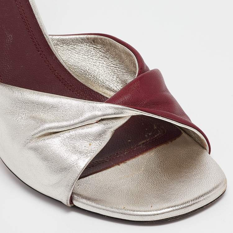 Pre Owned Celine Burgundy/Silver Leather Ankle Strap Sandals Size 38