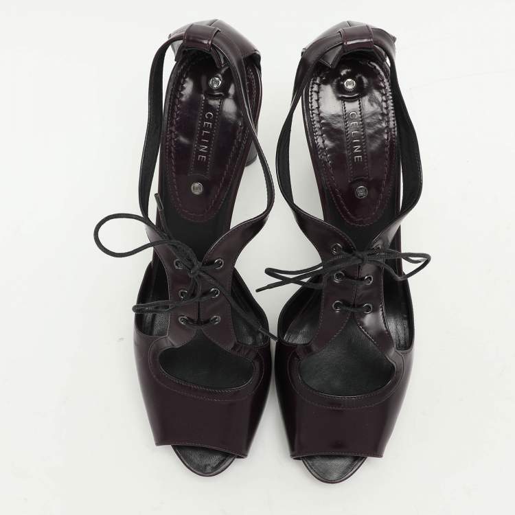 Pre Owned Celine Purple Leather Ankle Tie Up Sandals Size 40