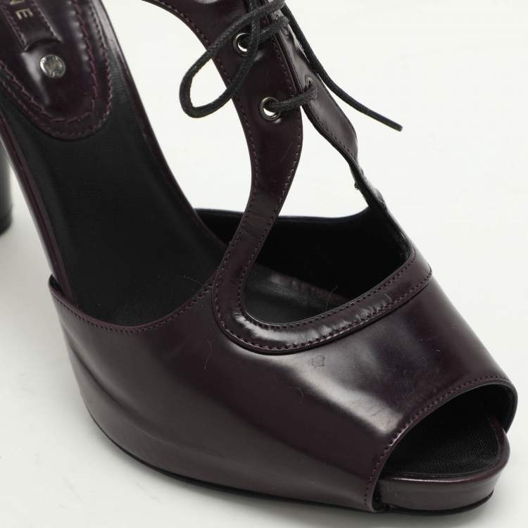 Pre Owned Celine Purple Leather Ankle Tie Up Sandals Size 40