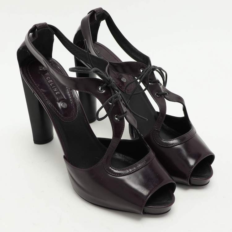 Pre Owned Celine Purple Leather Ankle Tie Up Sandals Size 40