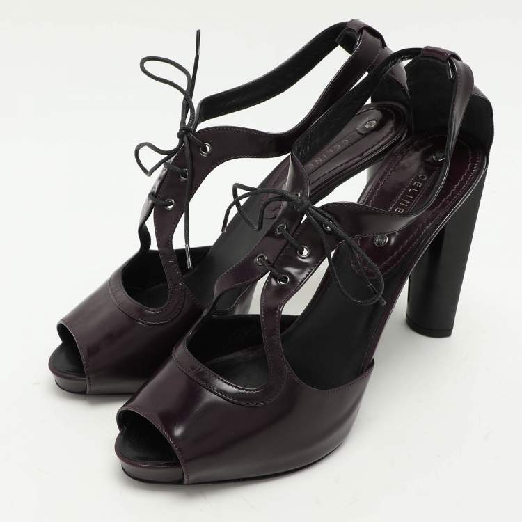 Pre Owned Celine Purple Leather Ankle Tie Up Sandals Size 40