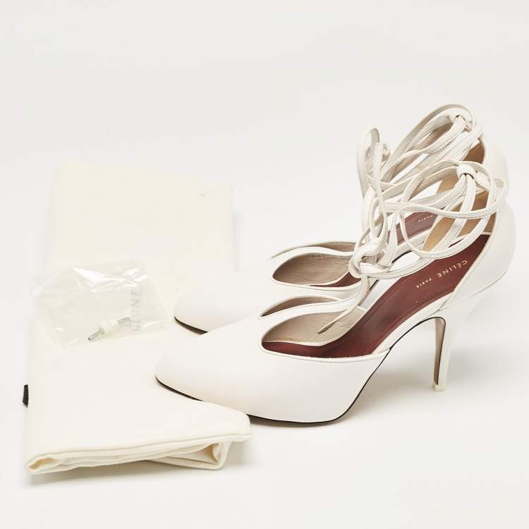 Pre Owned Celine White Leather Night Out Ankle Tie Pumps Size 38