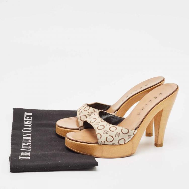 Pre Owned Celine Beige/Brown Logo Print Canvas Platform Slide Sandals Size 37