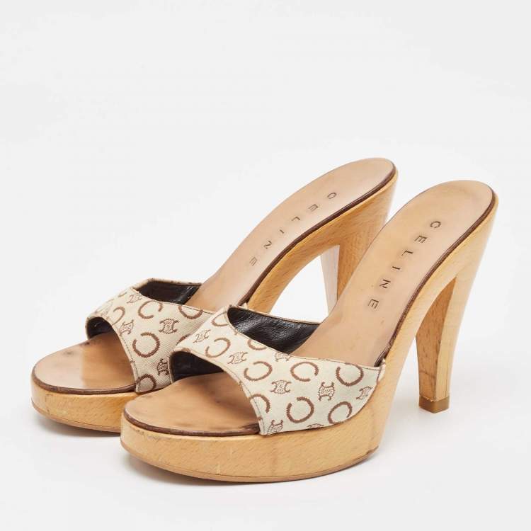 Pre Owned Celine Beige/Brown Logo Print Canvas Platform Slide Sandals Size 37