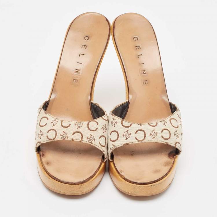 Pre Owned Celine Beige/Brown Logo Print Canvas Platform Slide Sandals Size 37