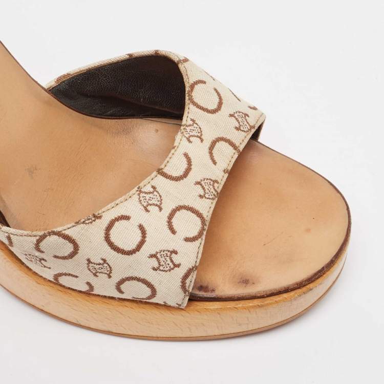 Pre Owned Celine Beige/Brown Logo Print Canvas Platform Slide Sandals Size 37