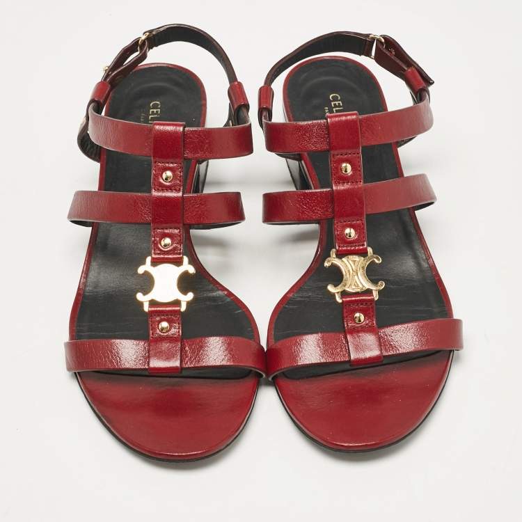 Pre Owned Celine Burgundy Leather Triomphe Ankle Strap Sandals Size 38