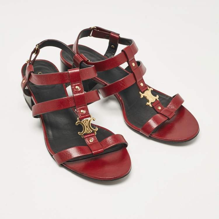 Pre Owned Celine Burgundy Leather Triomphe Ankle Strap Sandals Size 38
