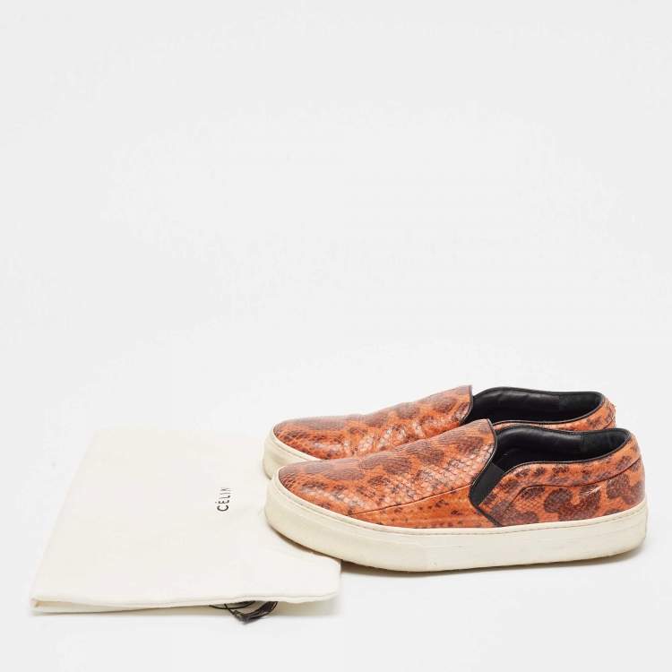 Pre Owned Celine Orange/Brown Snakeskin Leather Skate Slip On Sneakers Size 38.5