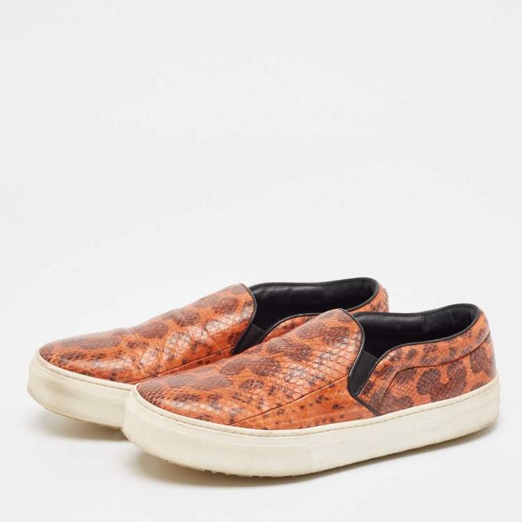 Pre Owned Celine Orange/Brown Snakeskin Leather Skate Slip On Sneakers Size 38.5
