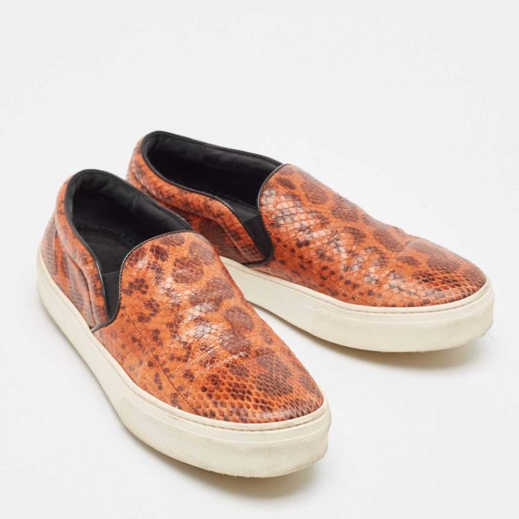 Pre Owned Celine Orange/Brown Snakeskin Leather Skate Slip On Sneakers Size 38.5