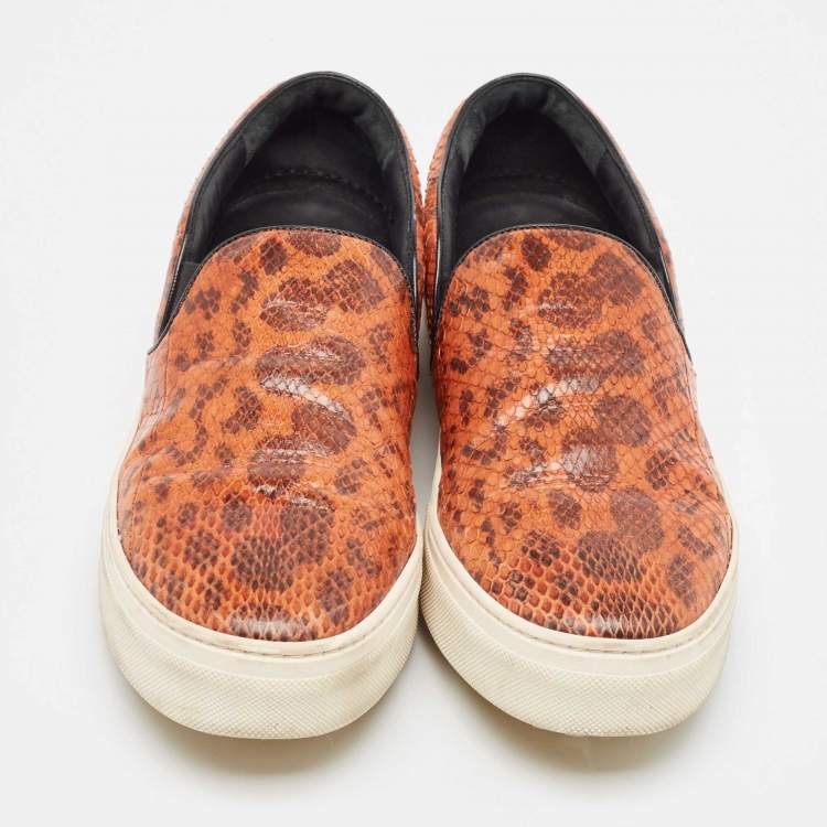 Pre Owned Celine Orange/Brown Snakeskin Leather Skate Slip On Sneakers Size 38.5
