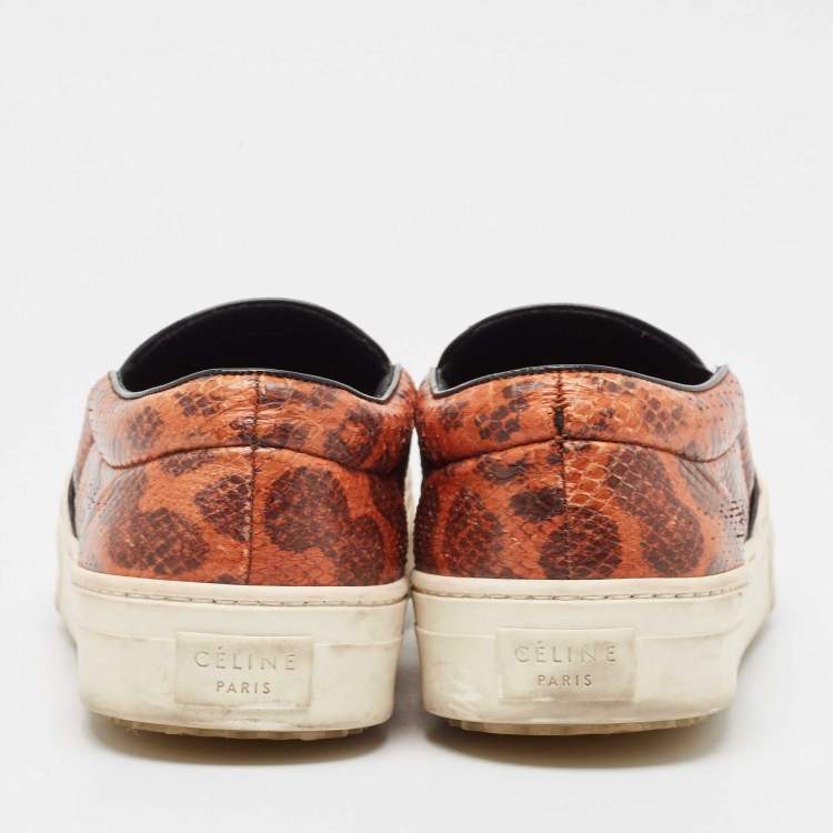Pre Owned Celine Orange/Brown Snakeskin Leather Skate Slip On Sneakers Size 38.5