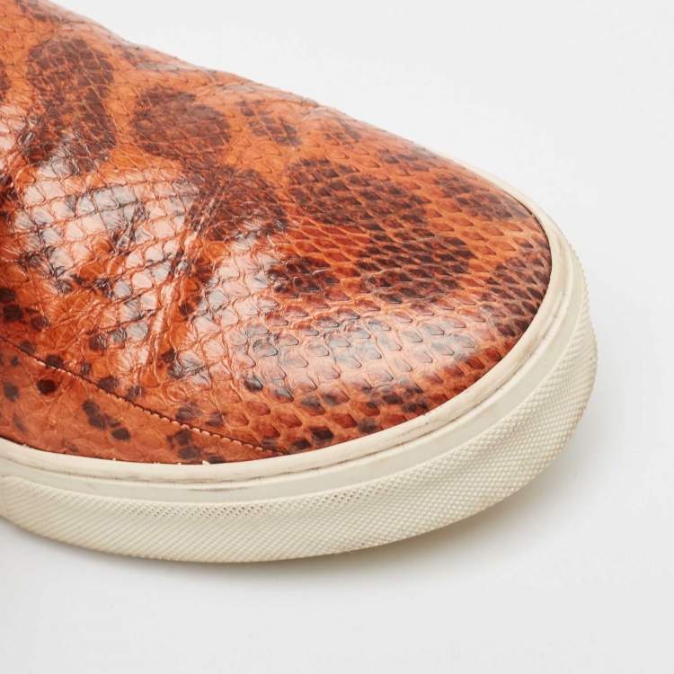 Pre Owned Celine Orange/Brown Snakeskin Leather Skate Slip On Sneakers Size 38.5