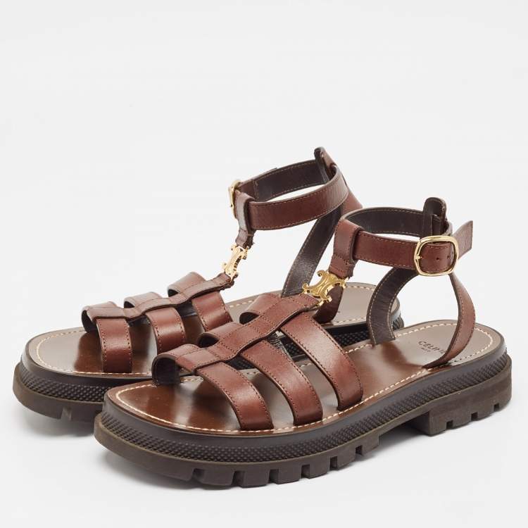 靴 Celine sandal brown and black size 38.5 Celine Brown Leather Triomphe Flat Sandals Size 38 Celine