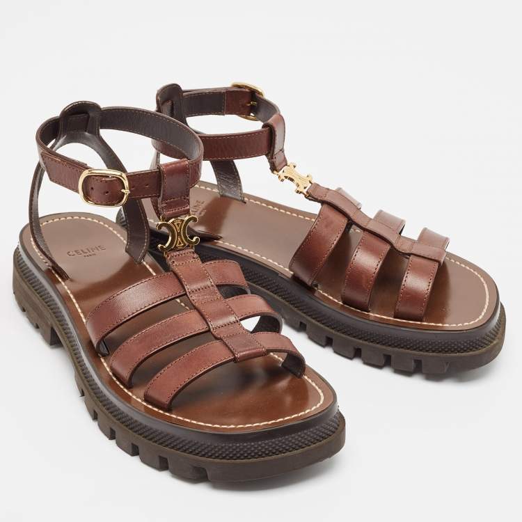 Pre Owned Celine Brown Leather Triomphe Flat Sandals Size 38