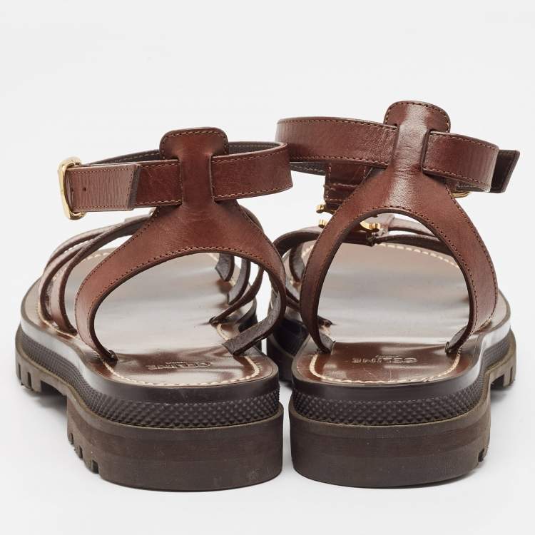 Pre Owned Celine Brown Leather Triomphe Flat Sandals Size 38