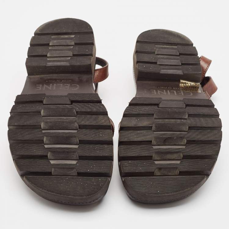 Pre Owned Celine Brown Leather Triomphe Flat Sandals Size 38
