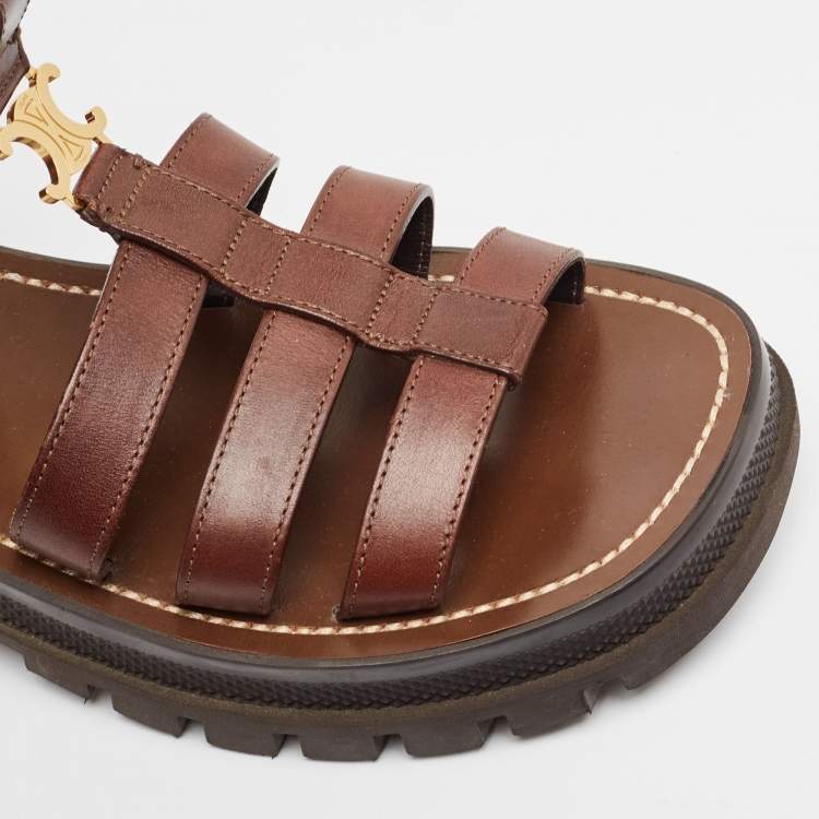 Pre Owned Celine Brown Leather Triomphe Flat Sandals Size 38