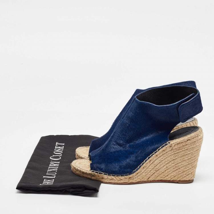 Pre Owned Celine Blue Calf Hair Open Toe Espadrille Wedge Sandals Size 40