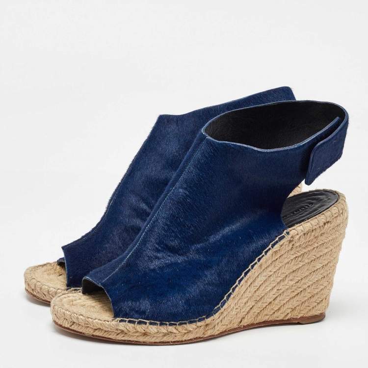 Pre Owned Celine Blue Calf Hair Open Toe Espadrille Wedge Sandals Size 40
