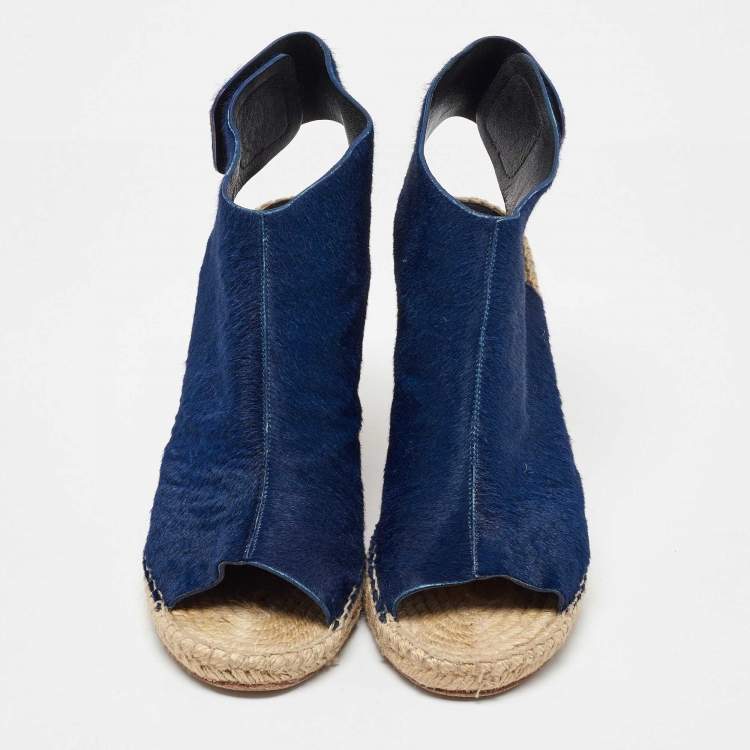 Pre Owned Celine Blue Calf Hair Open Toe Espadrille Wedge Sandals Size 40