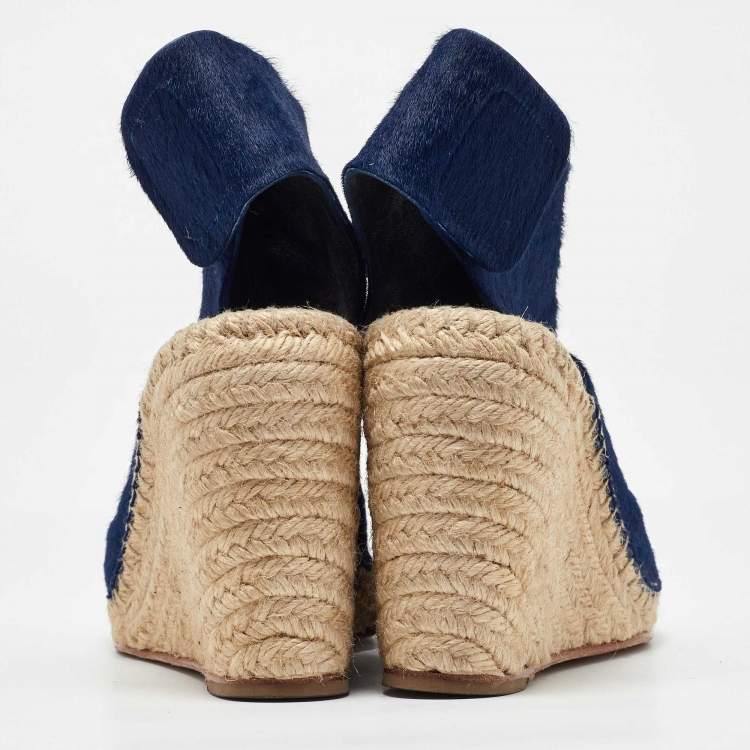 Pre Owned Celine Blue Calf Hair Open Toe Espadrille Wedge Sandals Size 40