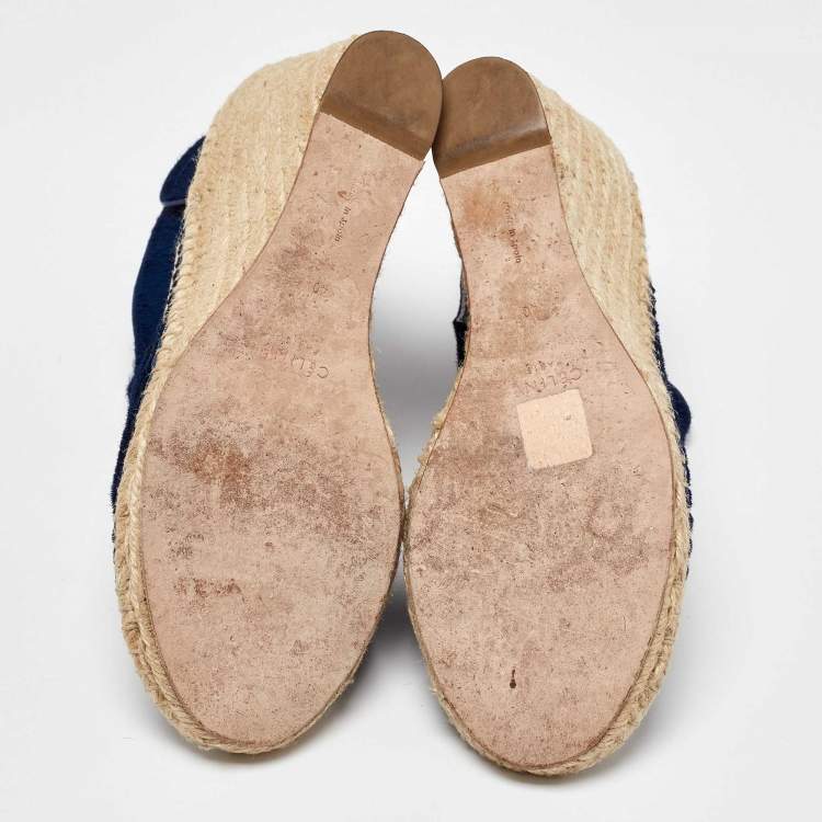 Pre Owned Celine Blue Calf Hair Open Toe Espadrille Wedge Sandals Size 40