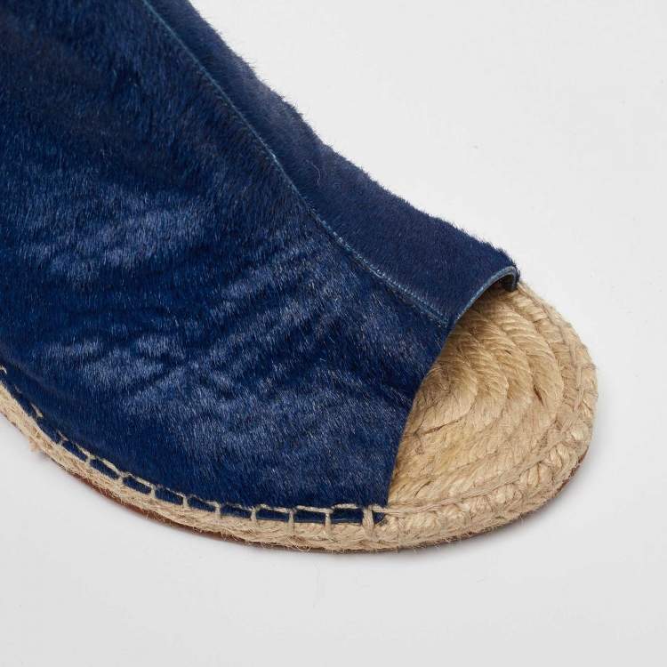 Pre Owned Celine Blue Calf Hair Open Toe Espadrille Wedge Sandals Size 40
