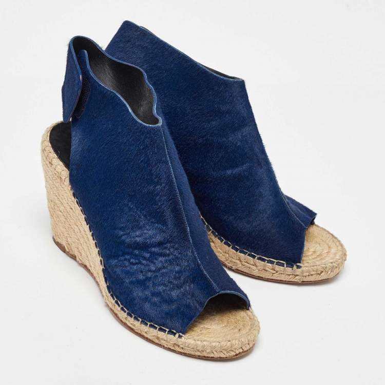 Pre Owned Celine Blue Calf Hair Open Toe Espadrille Wedge Sandals Size 40